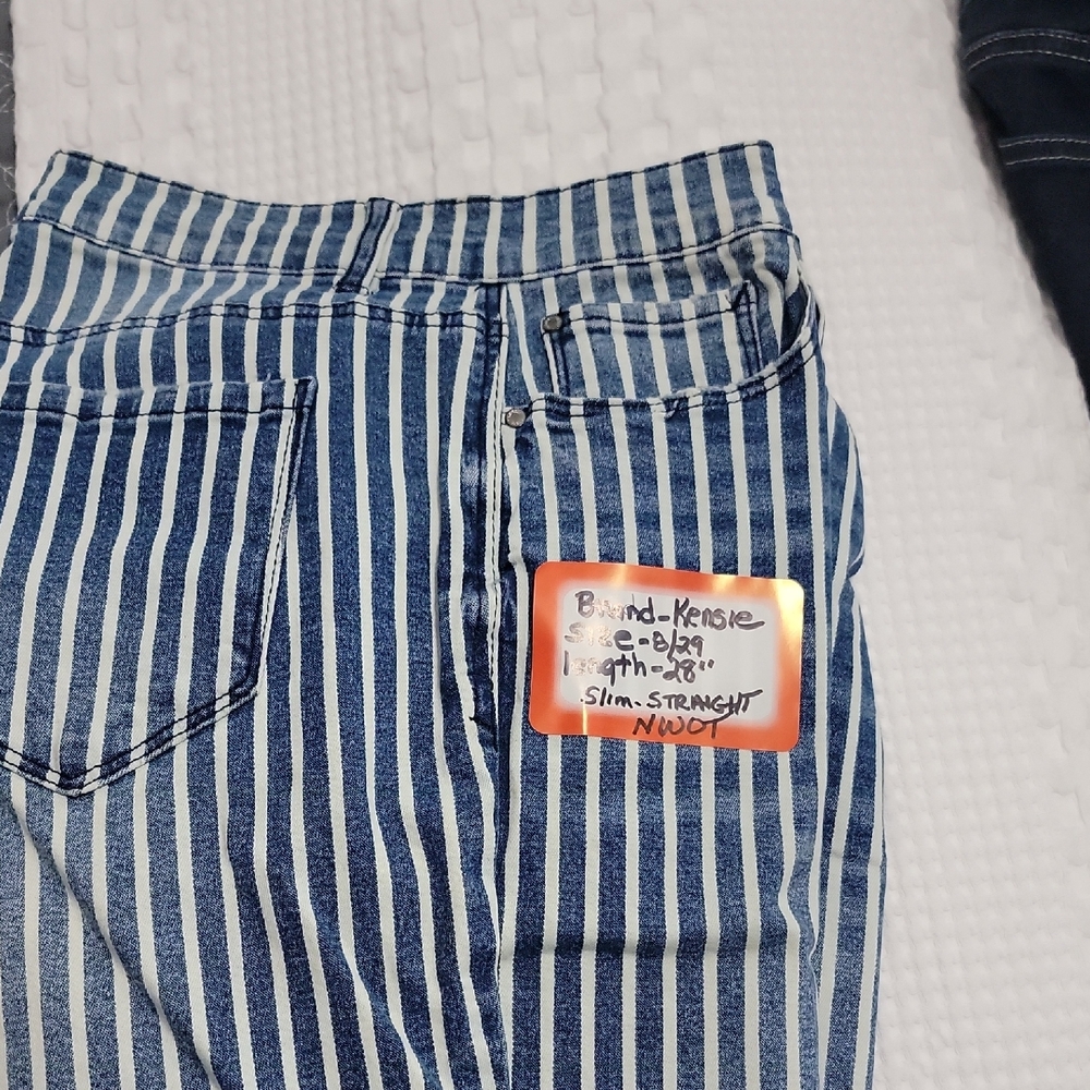 Kensie Navy and White High-Rise Slim Straight Jeans